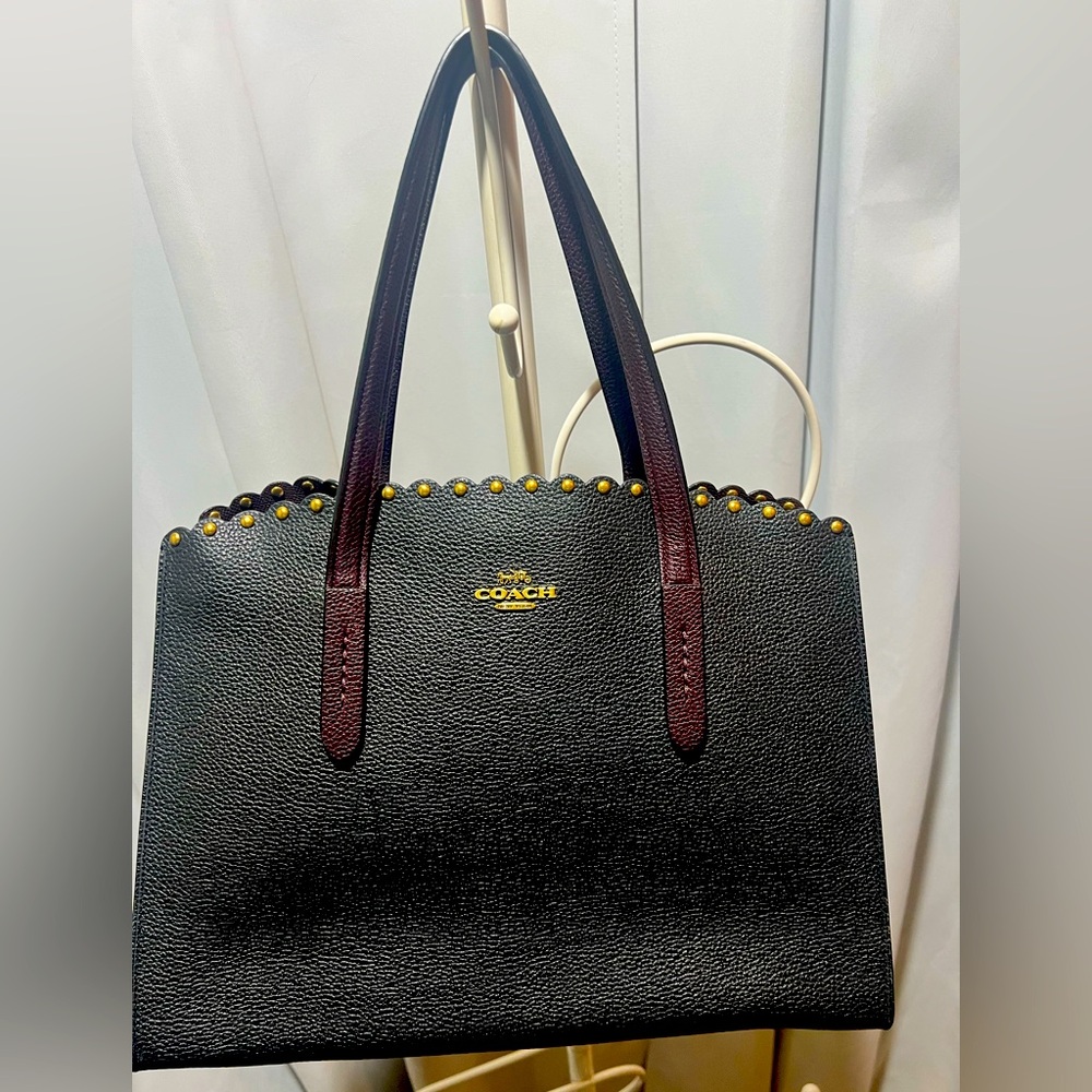 Coach Charlie Carryall Black Tote with Brown Handles and Scalloped  rivets - Picture 2 of 16